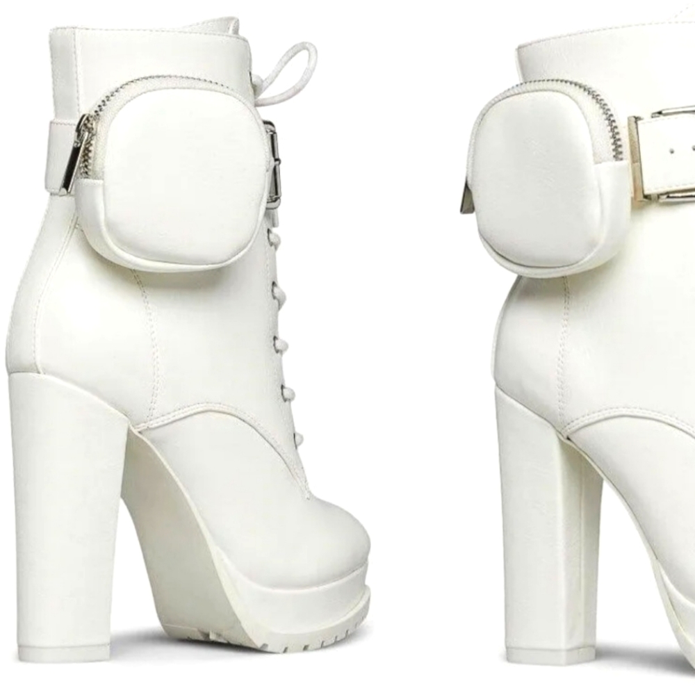 Women's White Boots, Lace up, lug soles with pouch. Shoe Dazzle. Size 7.5. - Picture 2 of 14